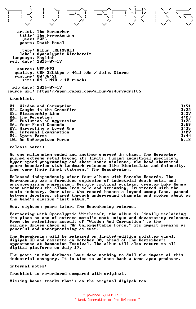 NFO for the release The_Berzerker-The_Reawakening-Reissue-WEB-2026-BLEEDiNG_iNT by BLEEDiNG_iNT