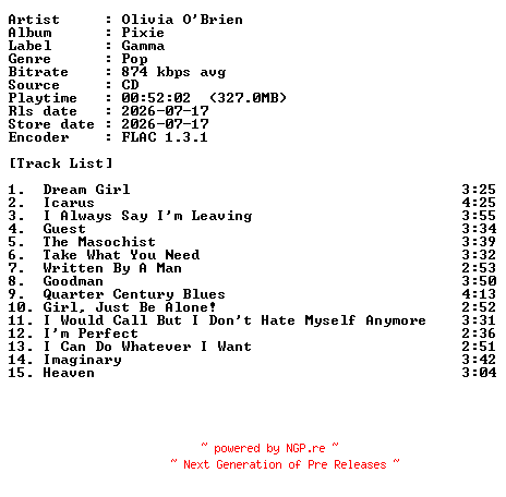 NFO for the release Olivia_OBrien-Pixie-CD-FLAC-2026-PERFECT by PERFECT