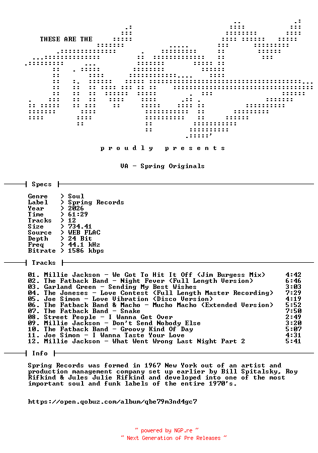 NFO for the release VA-Spring_Originals-24BIT-WEB-FLAC-2026-TiMES by TiMES