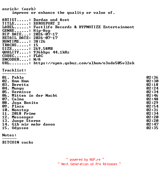 NFO for the release Dardan_und_Azet-EUROSPORT_2-DE-16BIT-WEB-FLAC-2026-ENRiCH by ENRiCH