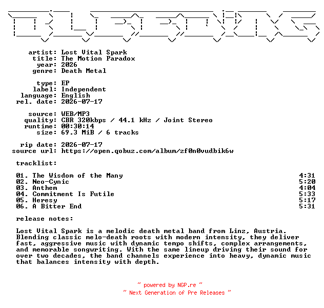 NFO for the release Lost_Vital_Spark-The_Motion_Paradox-EP-WEB-2026-BLEEDiNG by BLEEDiNG