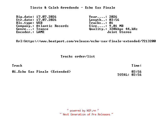 NFO for the release Tiesto_And_Caleb_Arredondo_-_Echo_Sax_Finale_(Extended)-SINGLE-WEB-2026-FMC by FMC