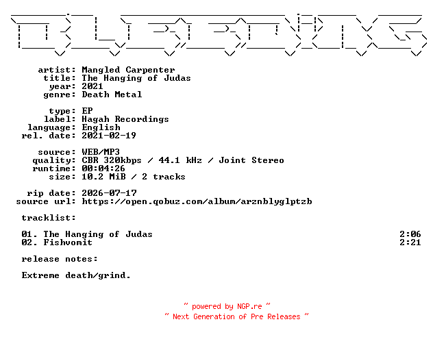 NFO for the release Mangled_Carpenter-The_Hanging_of_Judas-EP-WEB-2021-BLEEDiNG by BLEEDiNG