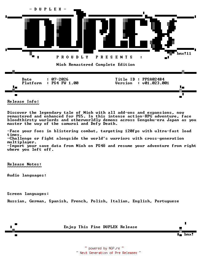 NFO for the release Nioh.Remastered.The.Complete.Edition.PS5-DUPLEX by DUPLEX