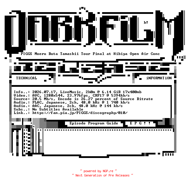 NFO for the release PIGGS.Moeru.Buta.Tamashii.Tour.Final.at.Hibiya.Open.Air.Concert.Hall.2023.720p.MBLURAY.x264-DARKFLiX by DARKFLiX