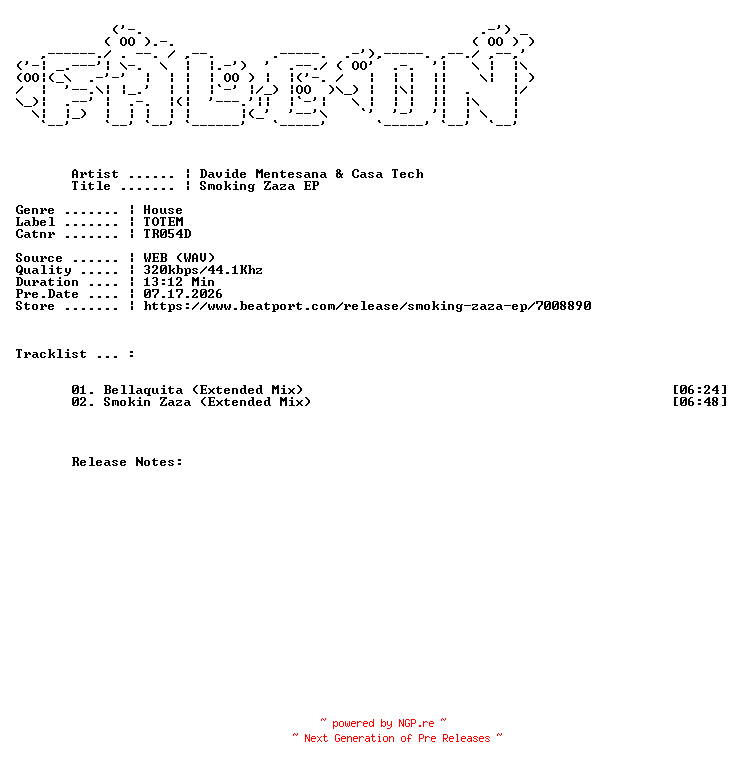 NFO for the release Davide_Mentesana_And_Casa_Tech-Smoking_Zaza_EP-(TR054D)-WEB-2026-FALCON by FALCON