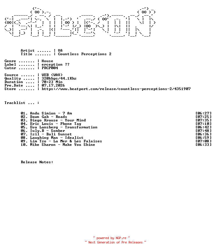 NFO for the release VA-Countless_Perceptions_2-(PRCP004)-WEB-2023-FALCON by FALCON