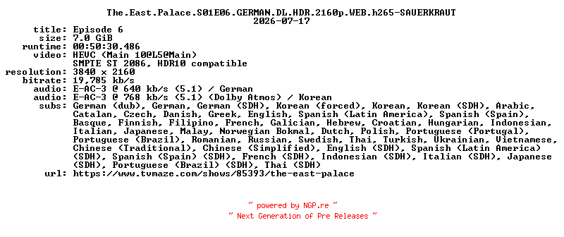 NFO for the release The.East.Palace.S01E06.GERMAN.DL.HDR.2160p.WEB.h265-SAUERKRAUT by SAUERKRAUT