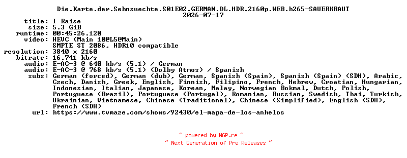 NFO for the release Die.Karte.der.Sehnsuechte.S01E02.GERMAN.DL.HDR.2160p.WEB.h265-SAUERKRAUT by SAUERKRAUT