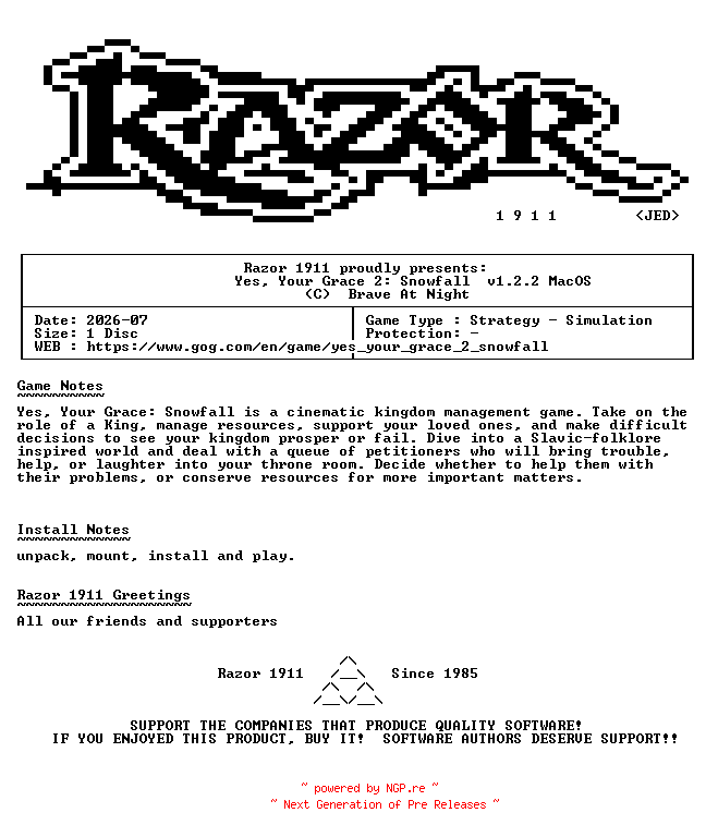 NFO for the release Yes_Your_Grace_2_Snowfall_v1.2.2_MacOS-Razor1911 by Razor1911