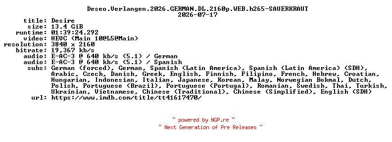 NFO for the release Deseo.Verlangen.2026.GERMAN.DL.2160p.WEB.h265-SAUERKRAUT by SAUERKRAUT