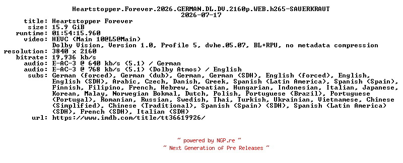 NFO for the release Heartstopper.Forever.2026.GERMAN.DL.DV.2160p.WEB.h265-SAUERKRAUT by SAUERKRAUT