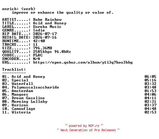 NFO for the release Babe_Rainbow-Acid_and_Honey-24BIT-WEB-FLAC-2026-ENRiCH by ENRiCH