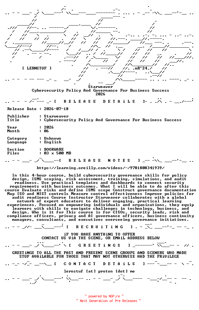 NFO for the release Starweaver.-.Cybersecurity.Policy.And.Governance.For.Business.Success.2026.BOOKWARE-LERNSTUF by LERNSTUF