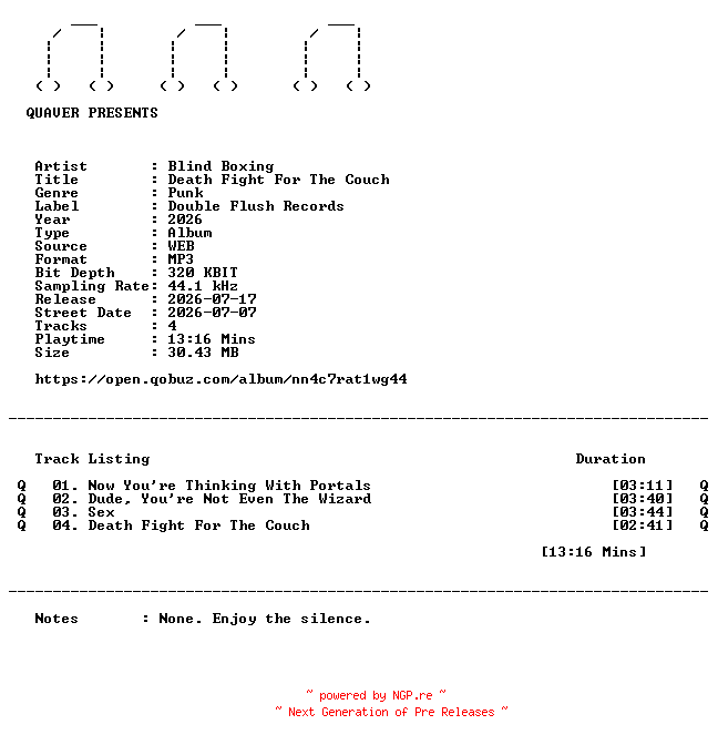 NFO for the release Blind_Boxing-Death_Fight_For_The_Couch-EP-WEB-2026-QUAVER by QUAVER