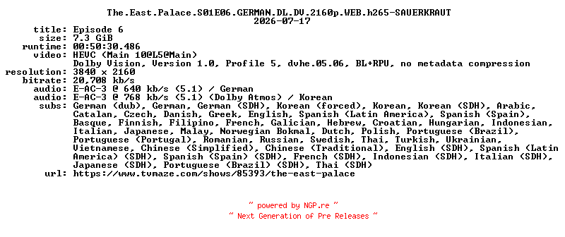 NFO for the release The.East.Palace.S01E06.GERMAN.DL.DV.2160p.WEB.h265-SAUERKRAUT by SAUERKRAUT