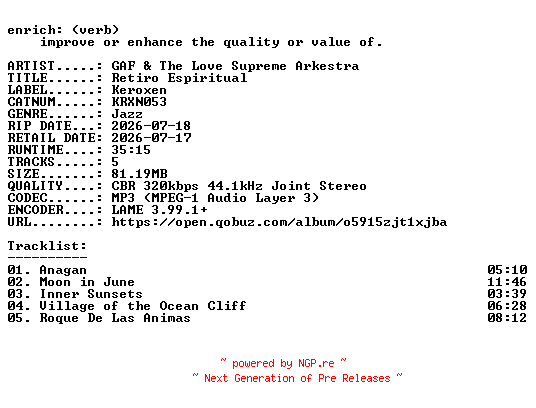 NFO for the release GAF_and_The_Love_Supreme_Arkestra-Retiro_Espiritual-(KRXN053)-WEB-2026-ENRiCH by ENRiCH