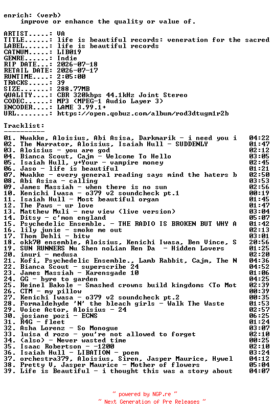 NFO for the release VA-life_is_beautiful_records_veneration_for_the_sacred_action-(LIB019)-WEB-2026-ENRiCH by ENRiCH