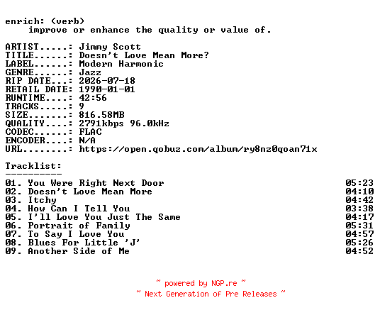NFO for the release Jimmy_Scott-Doesnt_Love_Mean_More-24BIT-WEB-FLAC-2026-ENRiCH by ENRiCH