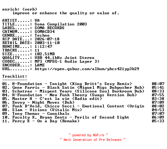 NFO for the release VA-Soma_Compilation_2003-(SOMACD34)-WEB-2003-ENRiCH by ENRiCH