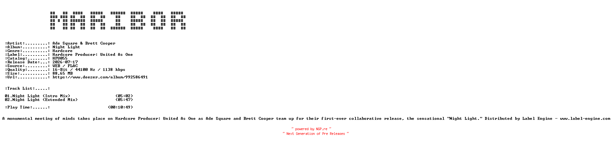 NFO for the release Ade_Square_and_Brett_Cooper-Night_Light-(HPU055)-16BIT-WEB-FLAC-2026-MARiBOR by MARiBOR
