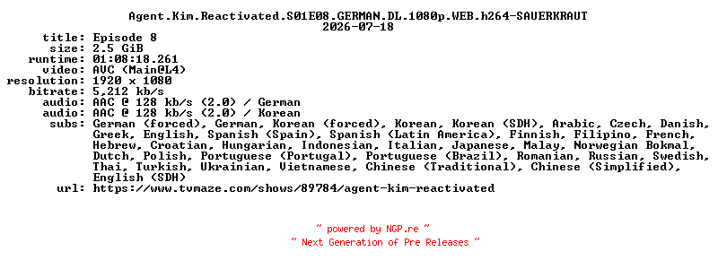NFO for the release Agent.Kim.Reactivated.S01E08.GERMAN.DL.1080p.WEB.h264-SAUERKRAUT by SAUERKRAUT