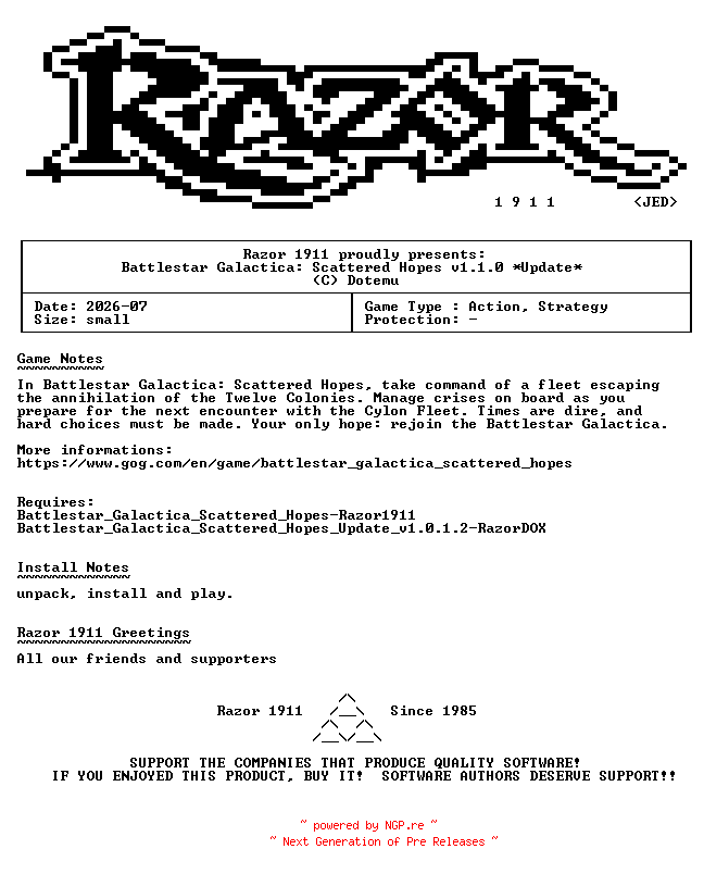NFO for the release Battlestar_Galactica_Scattered_Hopes_Update_v1.1.0-RazorDOX by RazorDOX