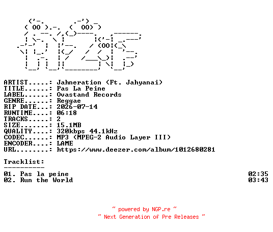 NFO for the release Jahneration_(Ft._Jahyanai)-Pas_La_Peine-WEB-FR-2026-AZF by AZF