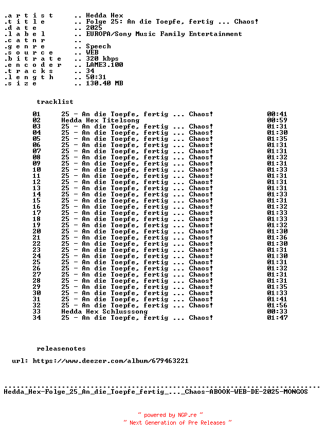 NFO for the release Hedda_Hex-Folge_25_An_die_Toepfe_fertig_..._Chaos-ABOOK-WEB-DE-2025-MONGOS by MONGOS