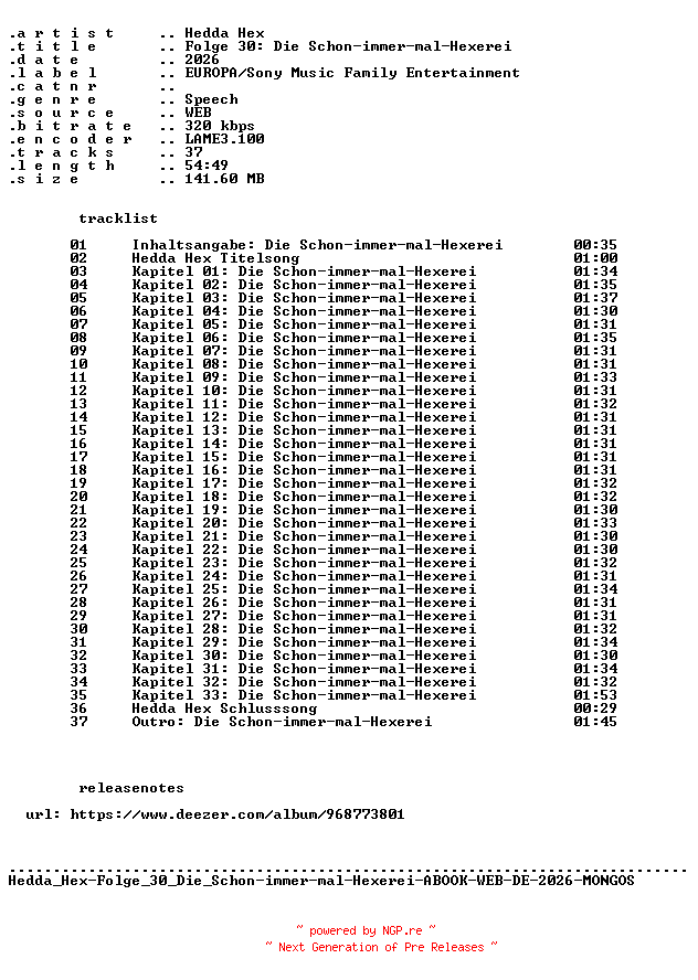 NFO for the release Hedda_Hex-Folge_30_Die_Schon-immer-mal-Hexerei-ABOOK-WEB-DE-2026-MONGOS by MONGOS