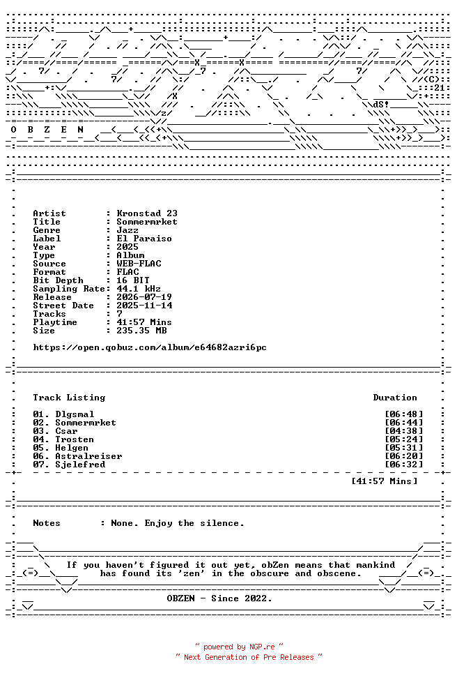 NFO for the release Kronstad_23-Sommermorket-16BIT-WEB-FLAC-2025-OBZEN by OBZEN