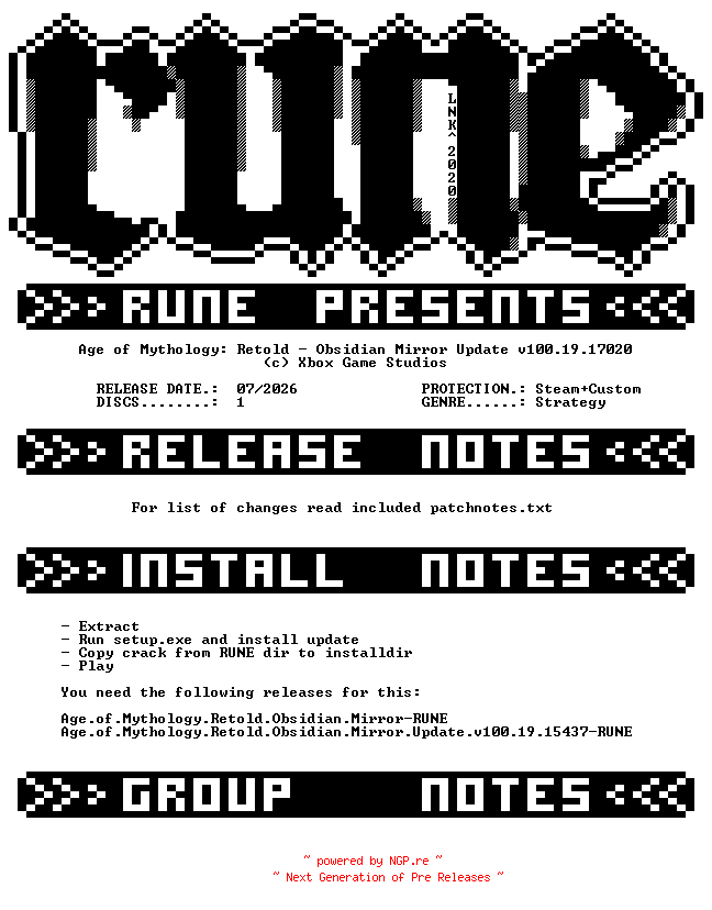 NFO for the release Age.of.Mythology.Retold.Obsidian.Mirror.Update.v100.19.17020-RUNE by RUNE