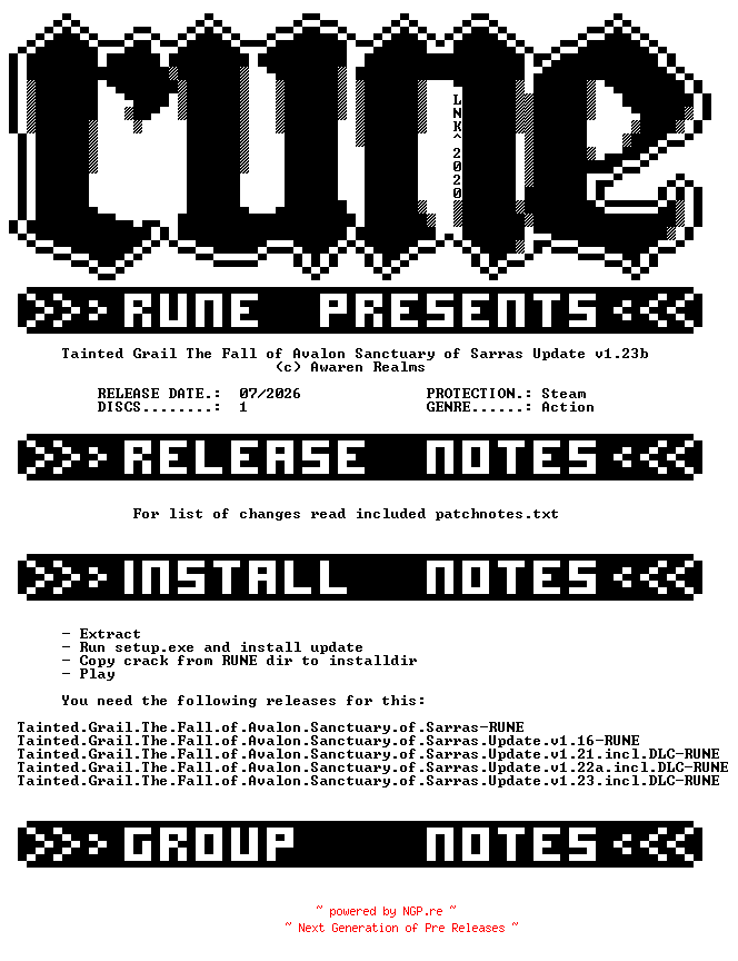 NFO for the release Tainted.Grail.The.Fall.of.Avalon.Sanctuary.of.Sarras.Update.v1.23b-RUNE by RUNE