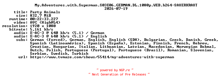 NFO for the release My.Adventures.with.Superman.S03E06.GERMAN.DL.1080p.WEB.h264-SAUERKRAUT by SAUERKRAUT