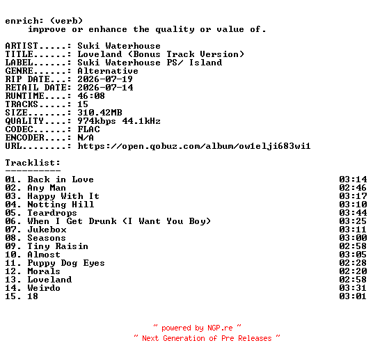 NFO for the release Suki_Waterhouse-Loveland_(Bonus_Track_Version)-16BIT-WEB-FLAC-2026-ENRiCH by ENRiCH