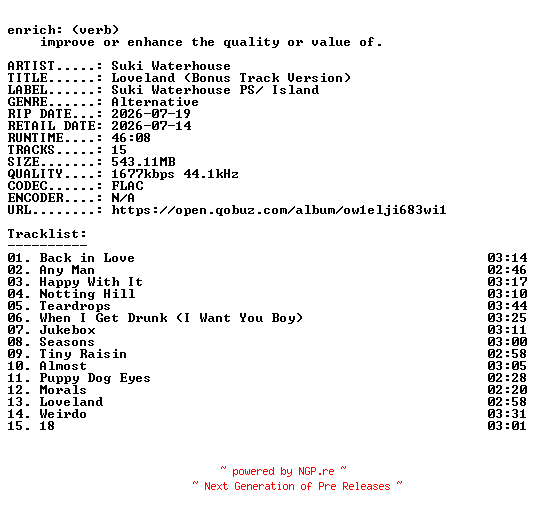 NFO for the release Suki_Waterhouse-Loveland_(Bonus_Track_Version)-24BIT-WEB-FLAC-2026-ENRiCH by ENRiCH