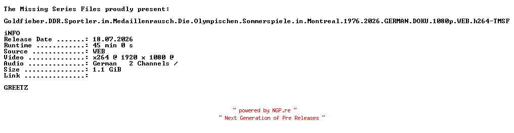 NFO for the release Goldfieber.DDR.Sportler.im.Medaillenrausch.Die.Olympischen.Sommerspiele.in.Montreal.1976.2026.GERMAN.DOKU.1080p.WEB.h264-TMSF by TMSF