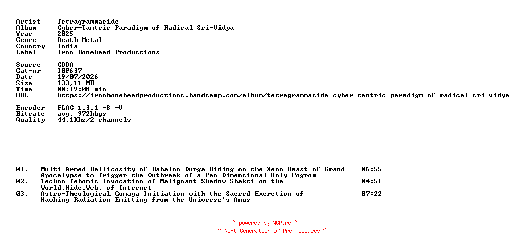 NFO for the release Tetragrammacide-Cyber-Tantric_Paradigm_of_Radical_Sri-Vidya-(IBP637)-CDEP-FLAC-2025-86D by 86D