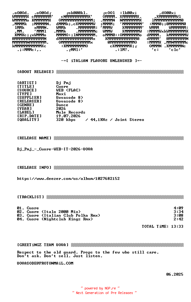 NFO for the release Dj_Pmj_-_Cuore-WEB-IT-2026-UOVA by UOVA