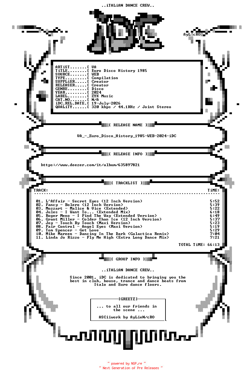 NFO for the release VA_-_Euro_Disco_History_1985-WEB-2024-iDC by iDC