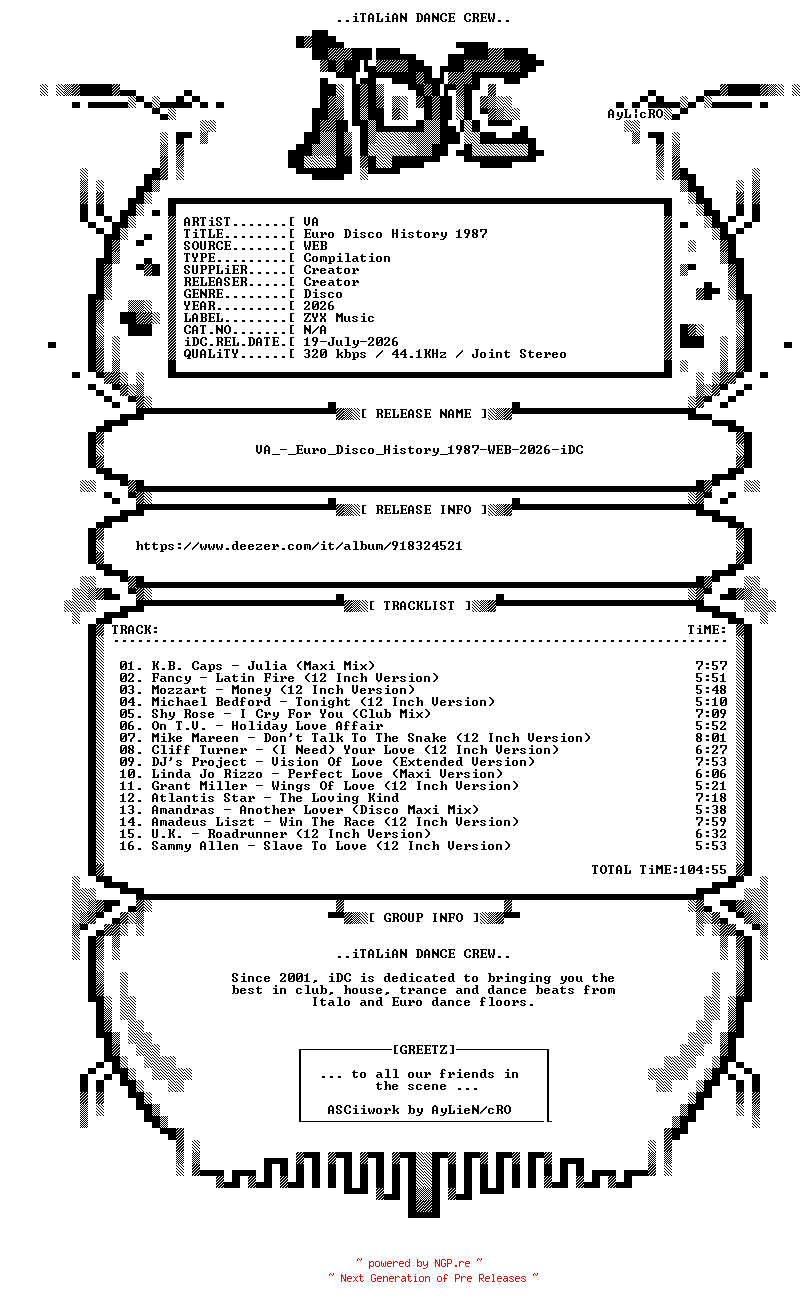 NFO for the release VA_-_Euro_Disco_History_1987-WEB-2026-iDC by iDC