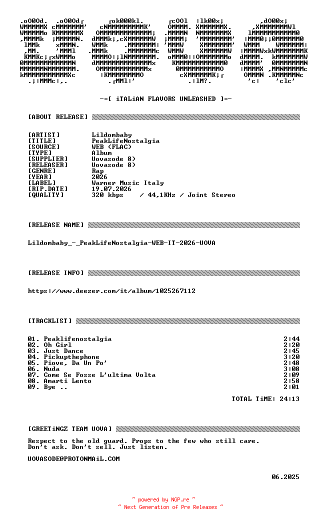 NFO for the release Lildombaby_-_PeakLifeNostalgia-WEB-IT-2026-UOVA by UOVA