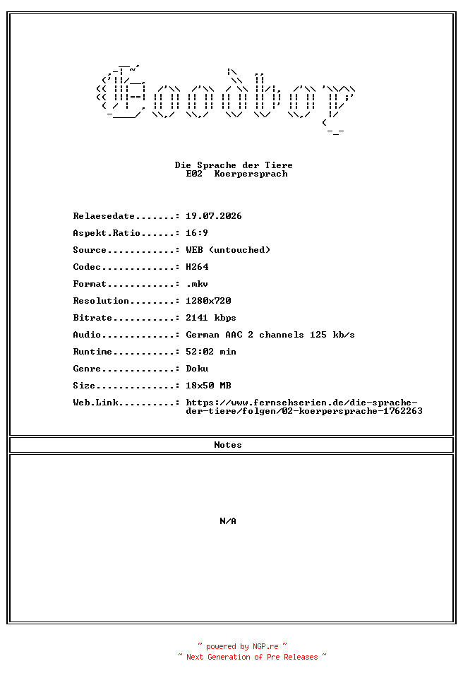 NFO for the release Die.Sprache.der.Tiere.E02.Koerpersprache.GERMAN.DOKU.720P.WebHD.H264-Goodboy by Goodboy
