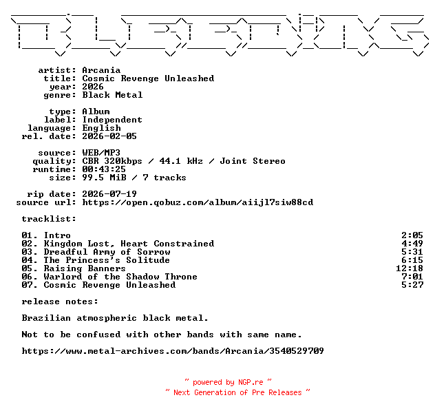 NFO for the release Arcania-Cosmic_Revenge_Unleashed-WEB-2026-BLEEDiNG by BLEEDiNG