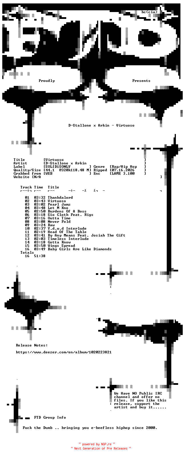 NFO for the release D-Stallone_x_Arkin-Virtuoso-WEB-2026-FTD by FTD