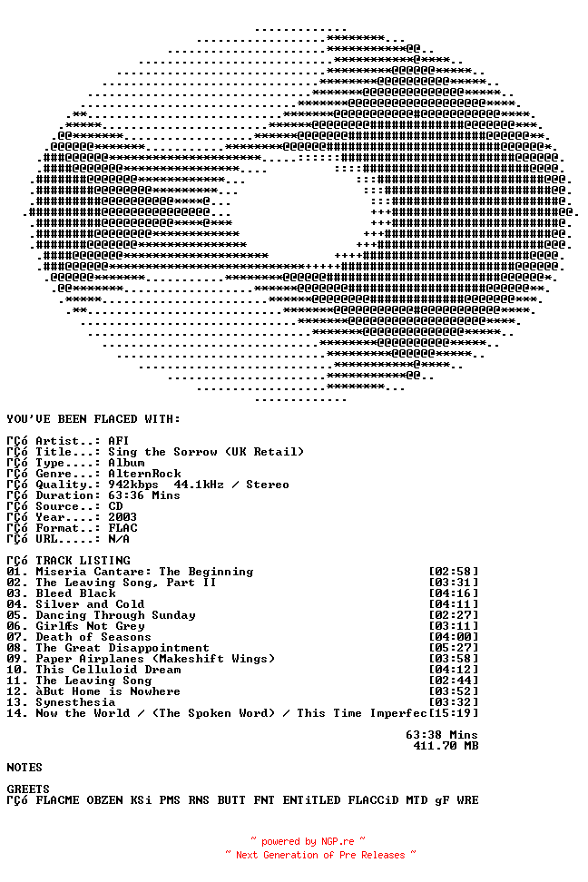 NFO for the release AFI-Sing_the_Sorrow_(UK_Retail)-(450_448-2_B)-CD-FLAC-2003-FLACED by FLACED
