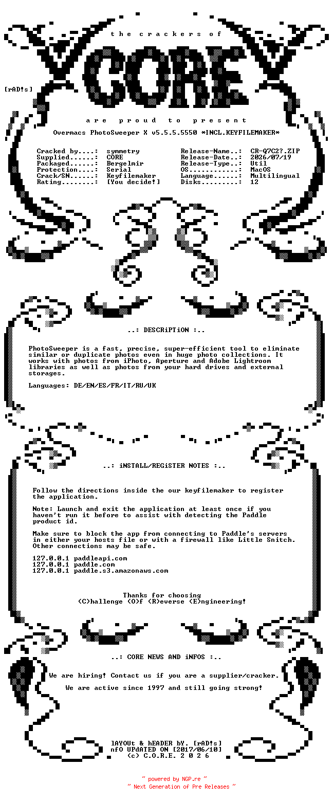 NFO for the release Overmacs.PhotoSweeper.X.v5.5.5.5550.MacOS.UB.Multilingual.Incl.Keyfilemaker-CORE by CORE