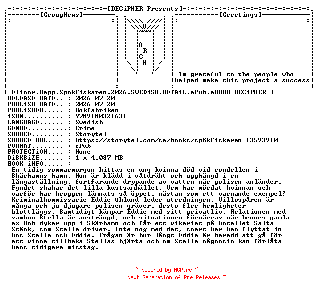 NFO for the release Elinor.Kapp.Spokfiskaren.2026.SWEDiSH.RETAiL.ePub.eBOOK-DECiPHER by DECiPHER