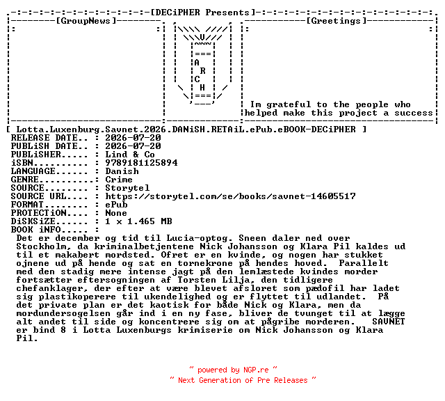 NFO for the release Lotta.Luxenburg.Savnet.2026.DANiSH.RETAiL.ePub.eBOOK-DECiPHER by DECiPHER