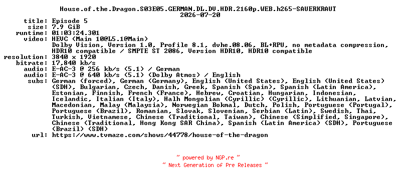 NFO for the release House.of.the.Dragon.S03E05.GERMAN.DL.DV.HDR.2160p.WEB.h265-SAUERKRAUT by SAUERKRAUT